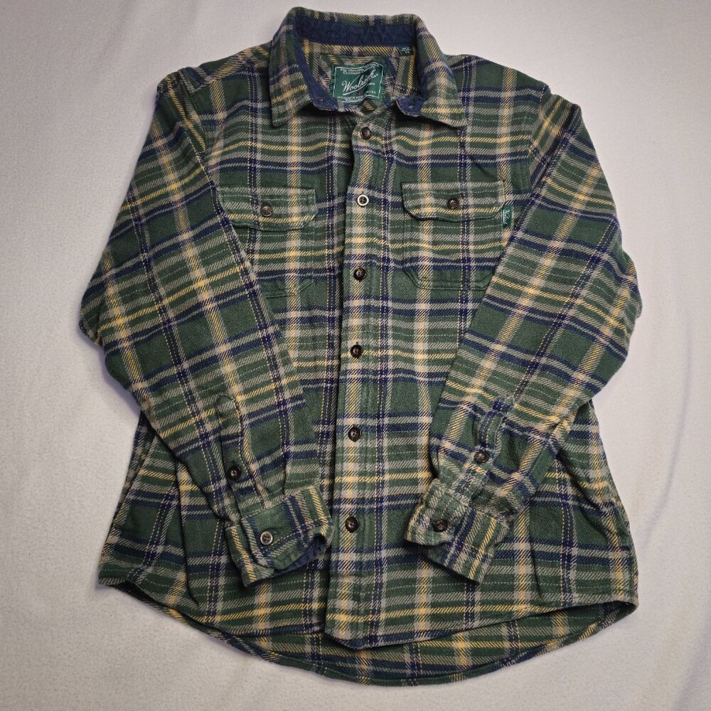 Woolrich Green and Beige Plaid Flannel Shirt SIZE M